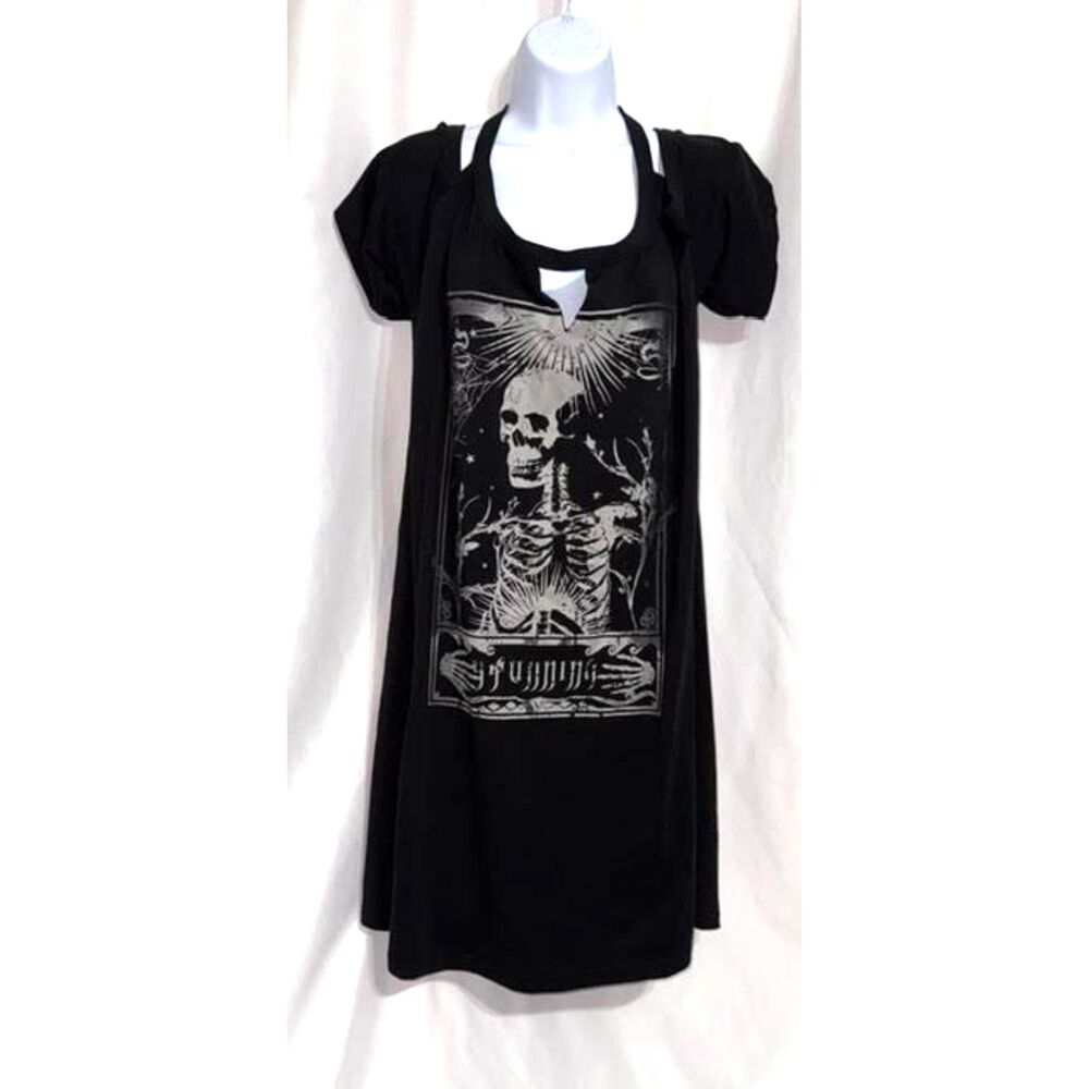 Goth Plus Size "Stunning" Skeleton Cold Shoulder Graphic Tee Dress - Black | 2XL